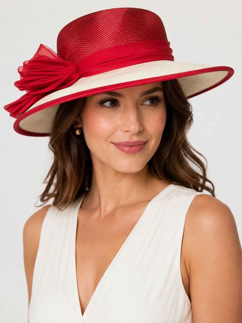 Vintage Charter Club Red Ivory Wide Brim Hat Bow Made in Italy WPL 8046